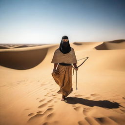 A person dressed in fully covered ancient Egyptian clothing is walking through the desert, holding a long bow