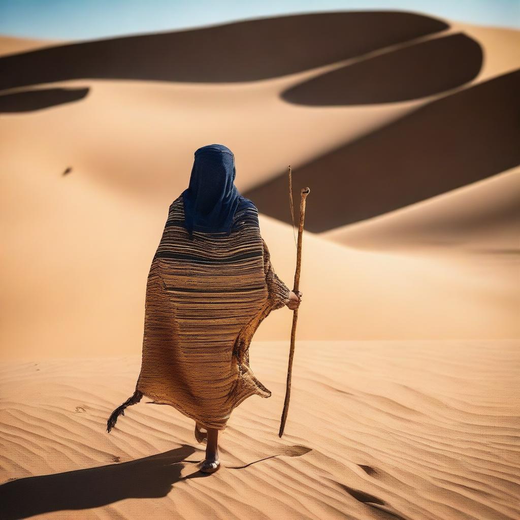 A person dressed in fully covered ancient Egyptian clothing is walking through the desert, holding a long bow