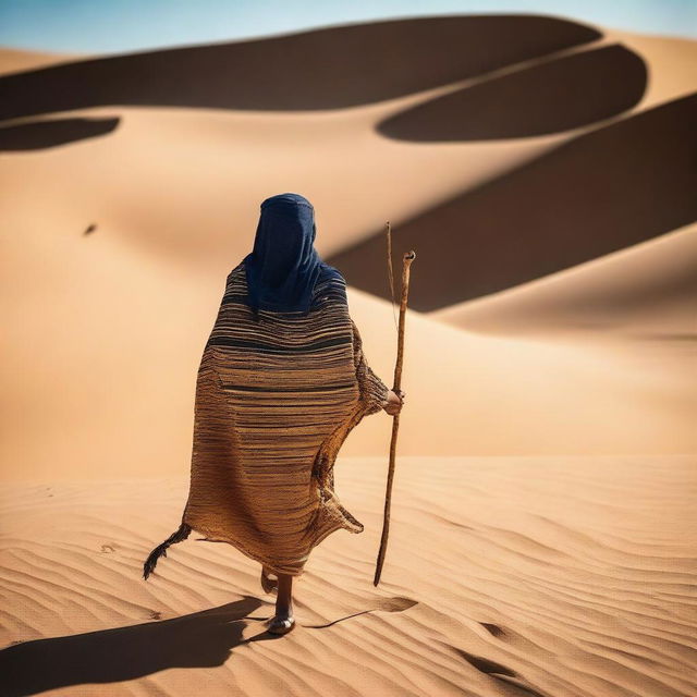 A person dressed in fully covered ancient Egyptian clothing is walking through the desert, holding a long bow