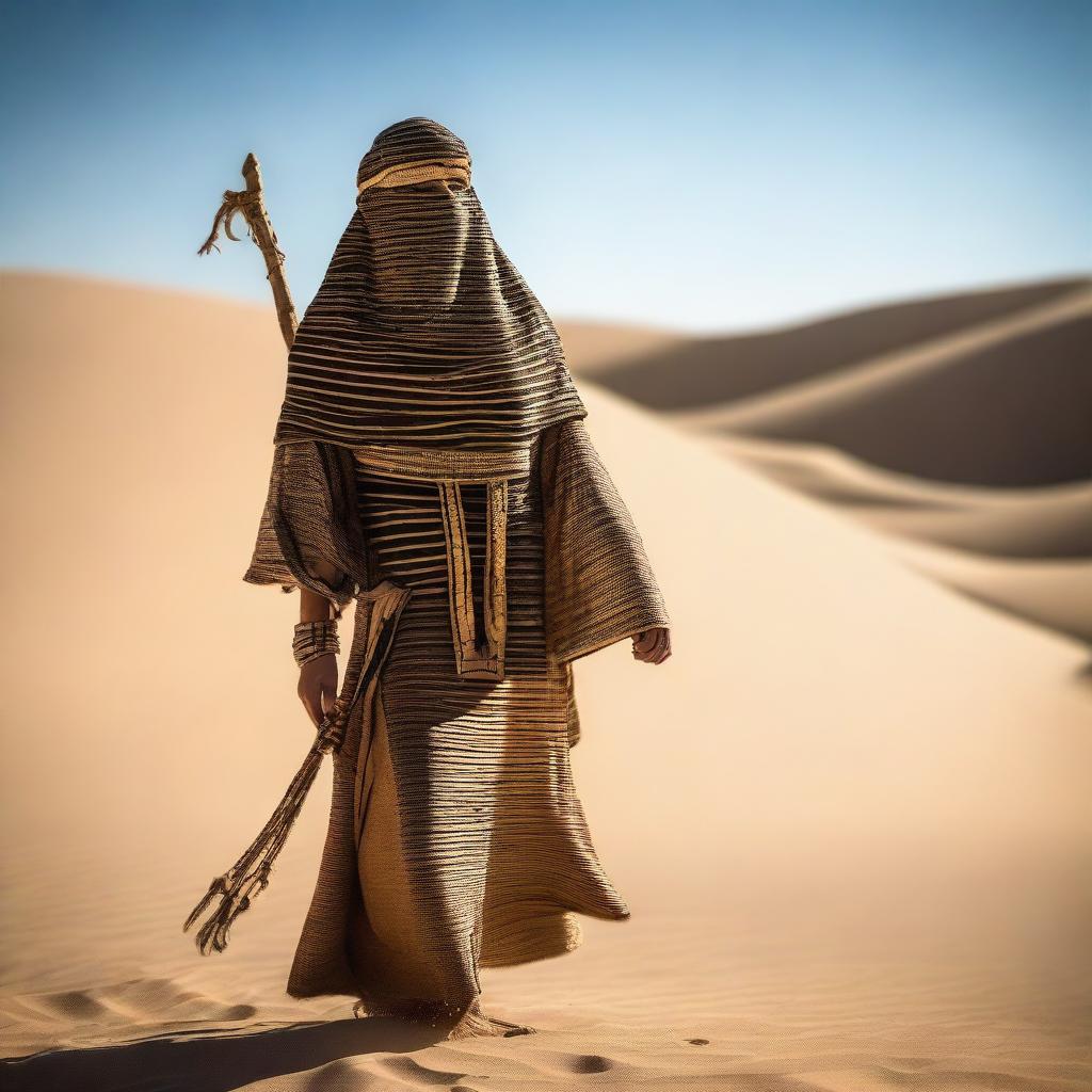 A person dressed in fully covered ancient Egyptian clothing is walking through the desert, holding a long bow