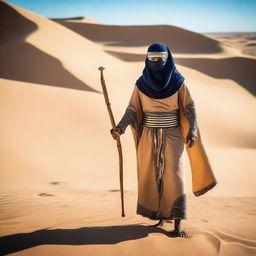 A person dressed in fully covered ancient Egyptian clothing is walking through the desert, holding a long bow