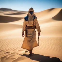 A person dressed in fully covered ancient Egyptian clothing is walking through the desert, holding a long bow