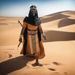 A person dressed in fully covered ancient Egyptian clothing is walking through the desert, holding a long bow