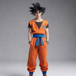 Anime character Goku from Dragon Ball, styled in modern, streetwear clothes, posing confidently.