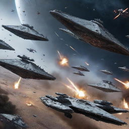 An epic, futuristic battle scene with the Galactic Empire's Star Destroyers and TIE fighters on one side, clashing against the military forces from all nations of Earth on the other.