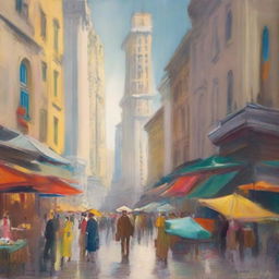 An impressionist painting of a bustling cityscape