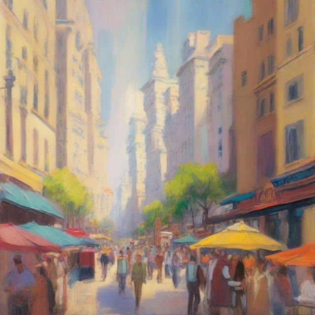 An impressionist painting of a bustling cityscape