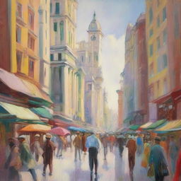 An impressionist painting of a bustling cityscape