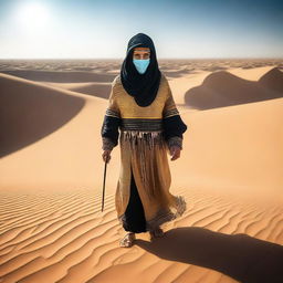 A person dressed in fully covered ancient Egyptian clothing is walking through the desert, holding a long bow