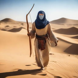 A person dressed in fully covered ancient Egyptian clothing is walking through the desert, holding a long bow