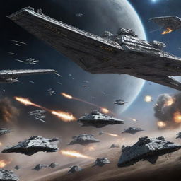 An epic, futuristic battle scene with the Galactic Empire's Star Destroyers and TIE fighters on one side, clashing against the military forces from all nations of Earth on the other.