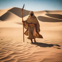 A person dressed in fully covered ancient Egyptian clothing is walking through the desert, holding a long bow