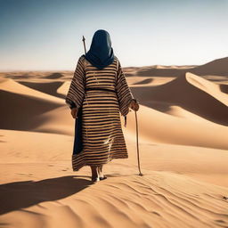 A person dressed in fully covered ancient Egyptian clothing is walking through the desert, holding a long bow