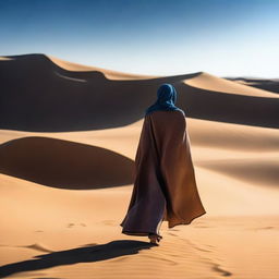 A thin person dressed in fully covered clothing is walking through the desert