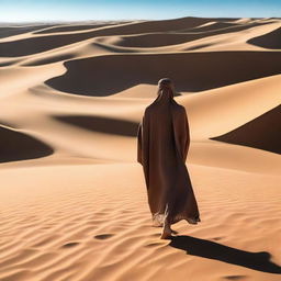 A thin person dressed in fully covered clothing is walking through the desert