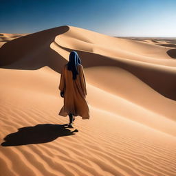 A thin person dressed in fully covered clothing is walking through the desert