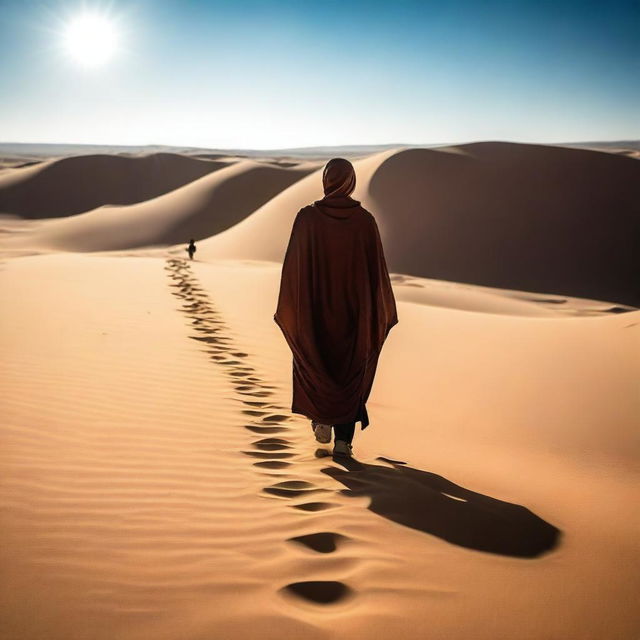 A thin person dressed in fully covered clothing is walking through the desert