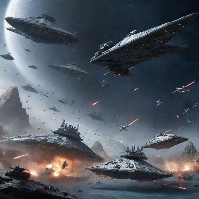 An epic, futuristic battle scene with the Galactic Empire's Star Destroyers and TIE fighters on one side, clashing against the military forces from all nations of Earth on the other.