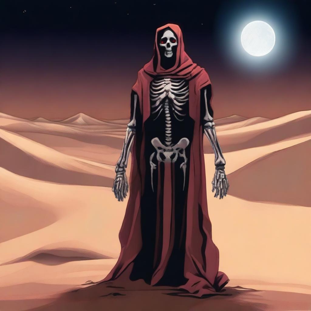 A skeleton with glowing red eyes, dressed in fully covered clothing, stands in the desert