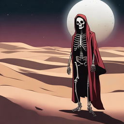 A skeleton with glowing red eyes, dressed in fully covered clothing, stands in the desert