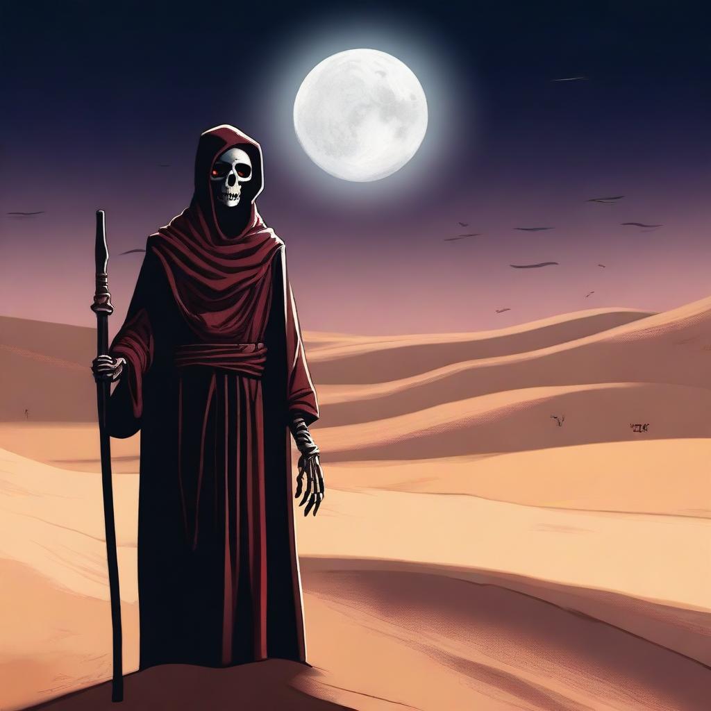 A skeleton with glowing red eyes, dressed in fully covered clothing, stands in the desert