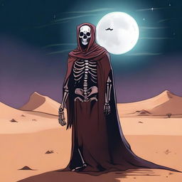 A skeleton with glowing red eyes, dressed in fully covered clothing, stands in the desert