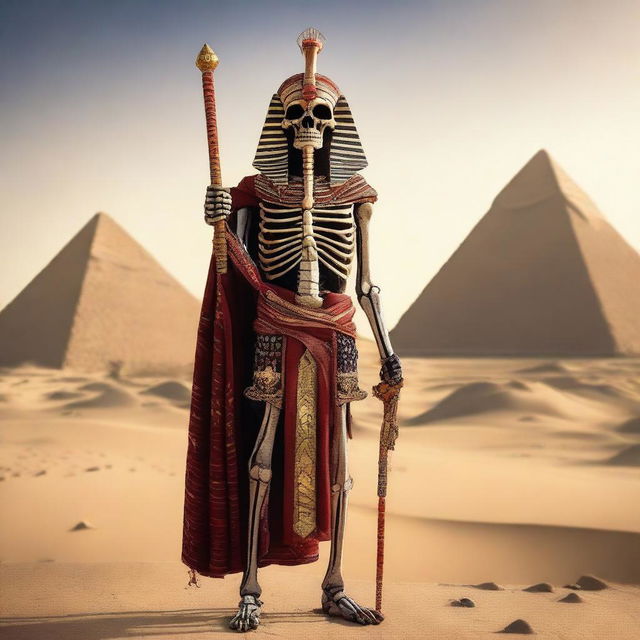 A skeleton with glowing red eyes, dressed in fully covered traditional Egyptian clothing, is holding a long bow in its hands