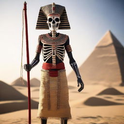 A skeleton with glowing red eyes, dressed in fully covered traditional Egyptian clothing, is holding a long bow in its hands