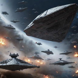 An epic, futuristic battle scene with the Galactic Empire's Star Destroyers and TIE fighters on one side, clashing against the military forces from all nations of Earth on the other.