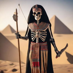 A skeleton with glowing red eyes, dressed in fully covered traditional Egyptian clothing, is holding a long bow in its hands