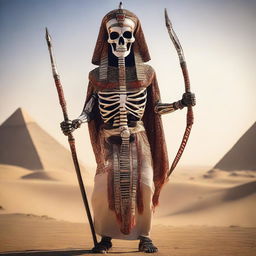 A skeleton with glowing red eyes, dressed in fully covered traditional Egyptian clothing, is holding a long bow in its hands