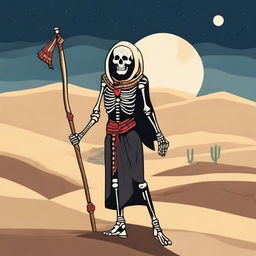 A skeleton with glowing red eyes, dressed in fully covered ancient Egyptian clothing, is holding a long bow in its hands