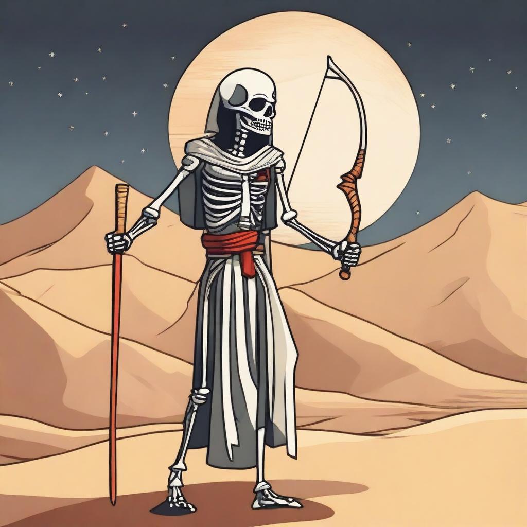 A skeleton with glowing red eyes, dressed in fully covered ancient Egyptian clothing, is holding a long bow in its hands