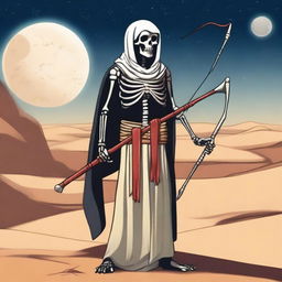 A skeleton with glowing red eyes, dressed in fully covered ancient Egyptian clothing, is holding a long bow in its hands