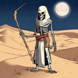 A skeleton with glowing red eyes, dressed in fully covered ancient Egyptian clothing, is holding a long bow in its hands