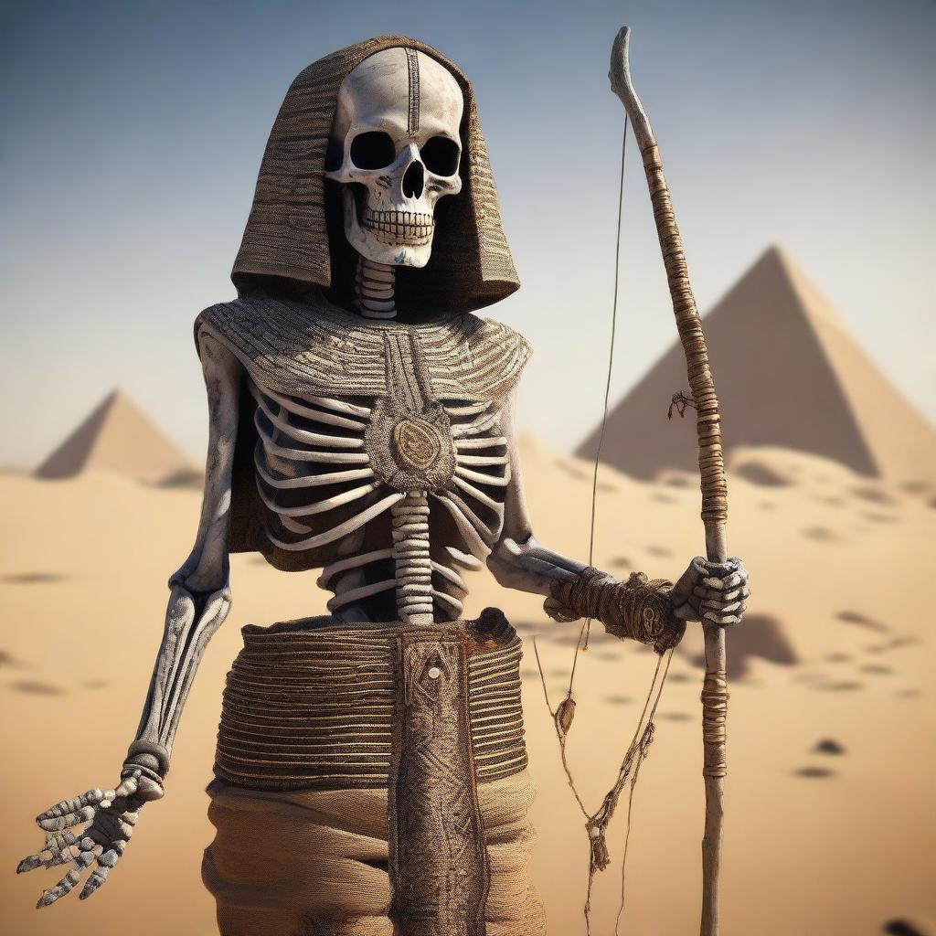 A skeleton dressed in fully covered ancient Egyptian clothing is holding a long bow in its hands