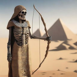 A skeleton dressed in fully covered ancient Egyptian clothing is holding a long bow in its hands