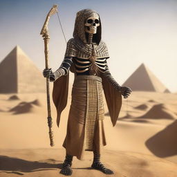 A skeleton dressed in fully covered ancient Egyptian clothing is holding a long bow in its hands