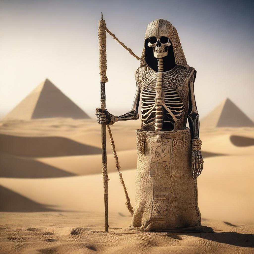 A skeleton dressed in fully covered ancient Egyptian clothing is holding a long bow in its hands