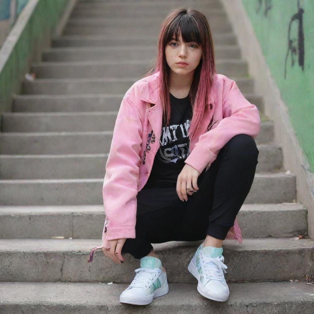 casual photograpy medium body, hip hop style clothes pink and black jacket, sneakers, female , 23 year old with green eyes and black long hai with withe streaks in the bangs .,freckles, selfo, graffiti background stairs, medium distance shot, 4k hd,  --styerw--v 5.2 ar 2-3