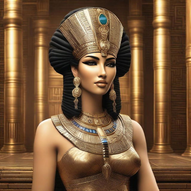 A majestic portrayal of Cleopatra, the Queen of Egypt, adorned in royal attire with intricate jewelry and a regal headdress