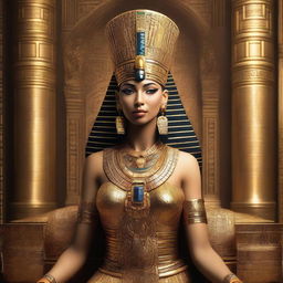 A majestic portrayal of Cleopatra, the Queen of Egypt, adorned in royal attire with intricate jewelry and a regal headdress