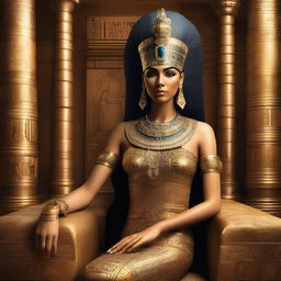 A majestic portrayal of Cleopatra, the Queen of Egypt, adorned in royal attire with intricate jewelry and a regal headdress