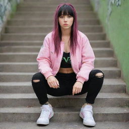 casual photograpy medium body, hip hop style clothes pink and black jacket, sneakers, female , 23 year old with green eyes and black long hai with withe streaks in the bangs .,freckles, selfo, graffiti background stairs, medium distance shot, 4k hd,  --styerw--v 5.2 ar 2-3