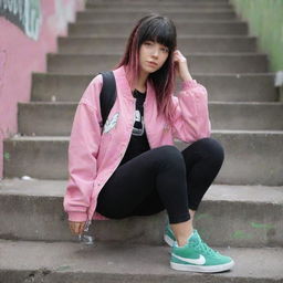 casual photograpy medium body, hip hop style clothes pink and black jacket, sneakers, female , 23 year old with green eyes and black long hai with withe streaks in the bangs .,freckles, selfo, graffiti background stairs, medium distance shot, 4k hd,  --styerw--v 5.2 ar 2-3