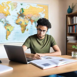 A person sitting at a desk with a Spanish textbook, a laptop, and a notebook, focusing intently on learning Spanish