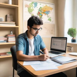 A person sitting at a desk with a Spanish textbook, a laptop, and a notebook, focusing intently on learning Spanish