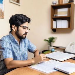 A person sitting at a desk with a Spanish textbook, a laptop, and a notebook, focusing intently on learning Spanish