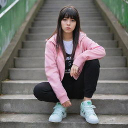 casual photograpy medium body, hip hop style clothes pink and black jacket, sneakers, female , 23 year old with green eyes and black long hai with withe streaks in the bangs .,freckles, selfo, graffiti background stairs, medium distance shot, 4k hd,  --styerw--v 5.2 ar 2-3