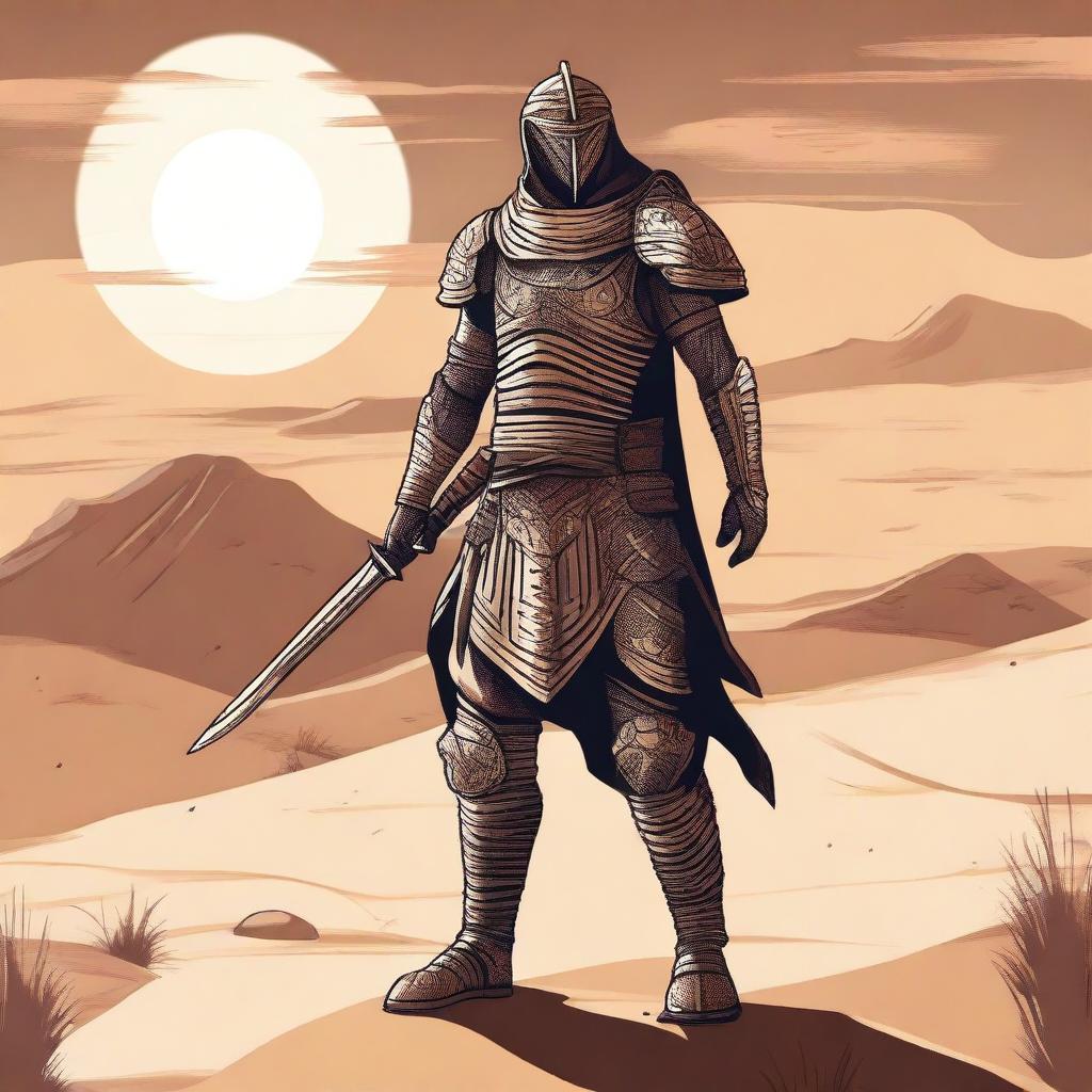 A detailed illustration of a human warrior from a desertic land